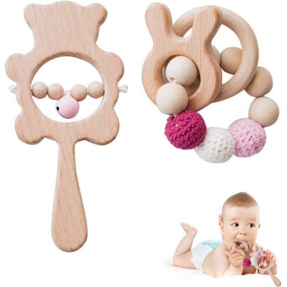 2pc Natural Beech Animal Crochet Bead Bracelet Baby Hand Bell Rattle Sensory Toy(rabbit) Sun-19723LJH 9015272281928