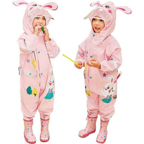 Aougo - Kids Puddle Suit, All-in-One Raincoat Girls Raincoat Hooded Poncho with Reflective Strips Cute Rabbit Raincoat Raincoat Muddy Suit Ages 4-6 L-01042 9029558492878
