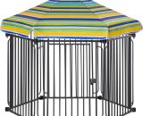 Dog Play Pen Pet Playpen For Rabbit Guinea Pig with Canopy Indoor Outdoor - Black, Multi-color - Pawhut 5056534539429 5056534539429