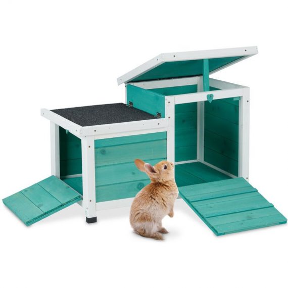 Rabbit House, Rabbits, Guinea Pigs, Outside and Inside Use, Rodent House, HxWxD: 42x34x62 cm, Turquoise/White - Relaxdays 10041251_0_GB 4052025412517