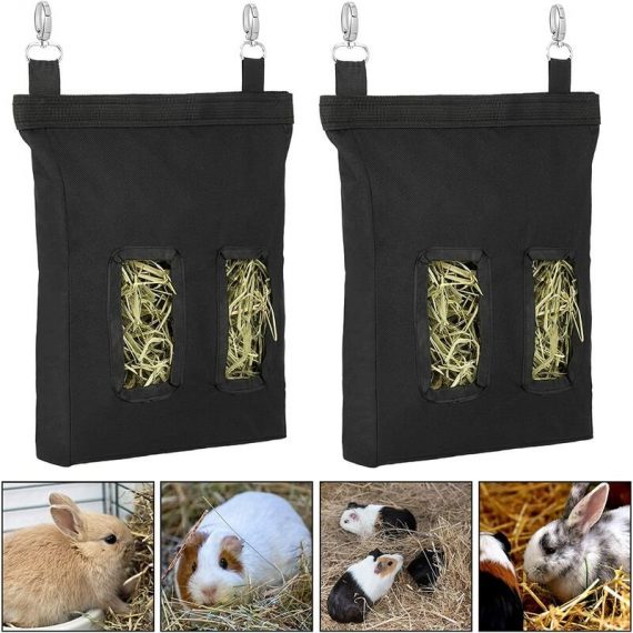 2 Pieces Guinea Pig Hay Bag Rabbit Feeding Bag Small Animal Hay Feeder Bag Hanging Feeding Bag for Rabbit Hamsters Chinchilla (Black, Sky Blue) MM008127 9041180934410